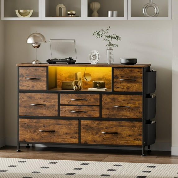 GIKPAL Dressers for Bedroom, 8 Drawer Dresser with LED Lights, Chest of Drawers with Side Pockets & Power Outlet Ports, Storage Drawers Nightstand, Bedroom Furniture Brown