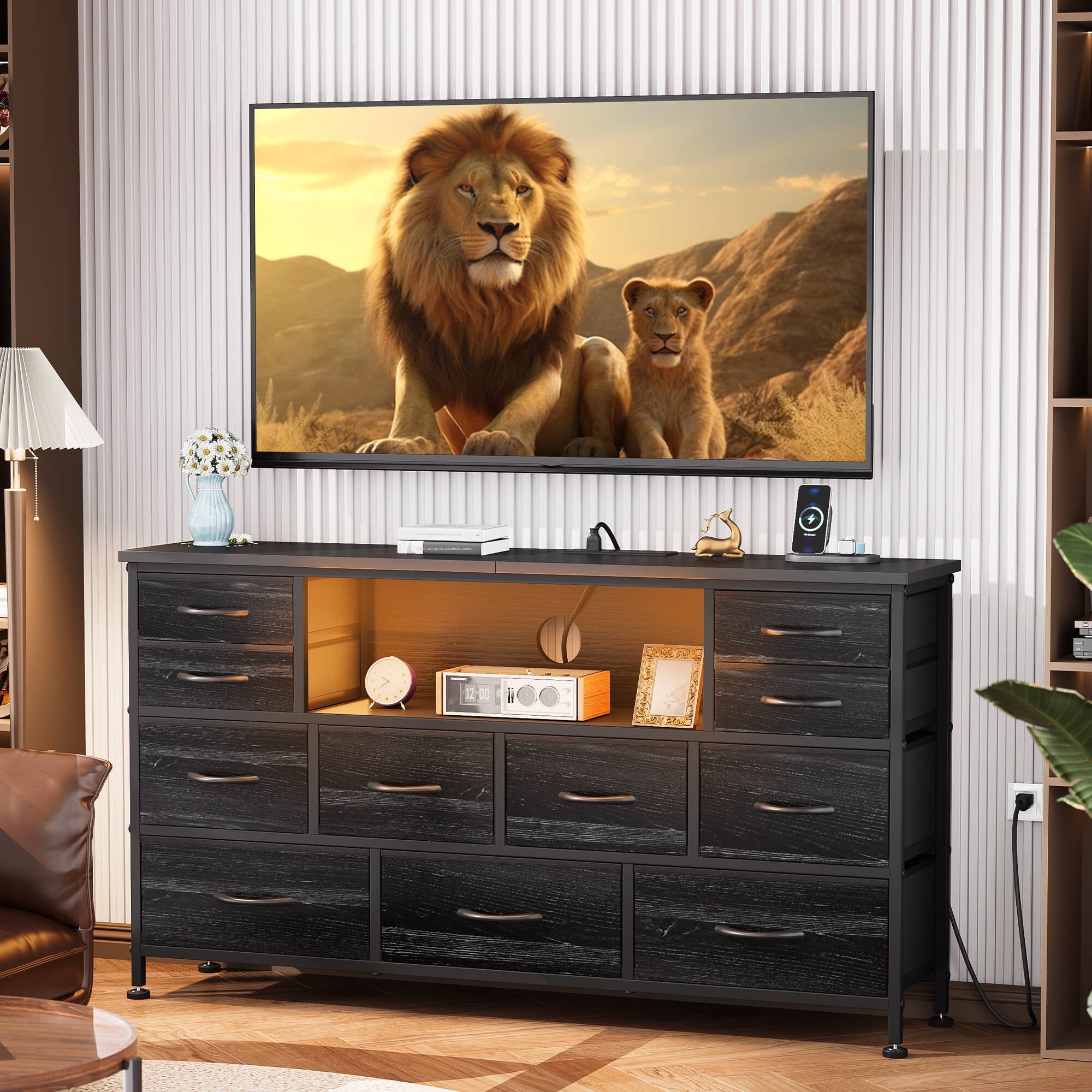 GIKPAL Dresser for Bedroom with LED Lights, Black Dresser TV Stands for 55 60 inch TV with 11 Drawers and Power Outlets, Fabric Chest of Drawers for Bedroom Furniture, Living Room, Adults, All_age  (图1)