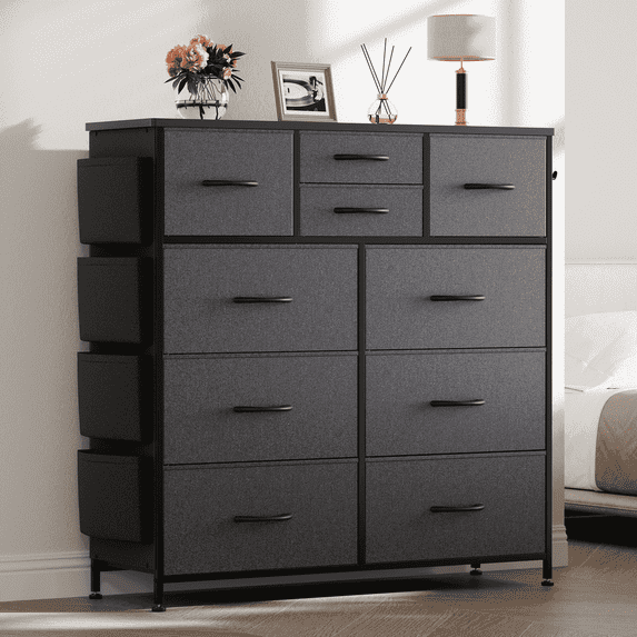 Aowos 10 Drawer Dresser, Chest of Drawers Dressers for Bedroom with 4 Side Pockets and 2 Hooks, Dark Grey