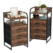 GIKPAL Nightstands Set of 2, Fabric End Side Table, 3 Drawers Night Stands for Bedroom Living Room, Rustic Brown