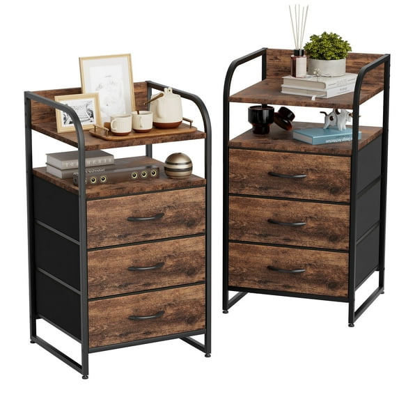 GIKPAL Nightstands Set of 2, Fabric End Side Table, 3 Drawers Night Stands for Bedroom Living Room, Rustic Brown