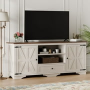 GIKPAL Farmhouse TV Stand for 65 inch TV, Entertainment Center Console Table with Storage Cabinets, Barn Door and Adjustable Shelves for Living Room, Antique White