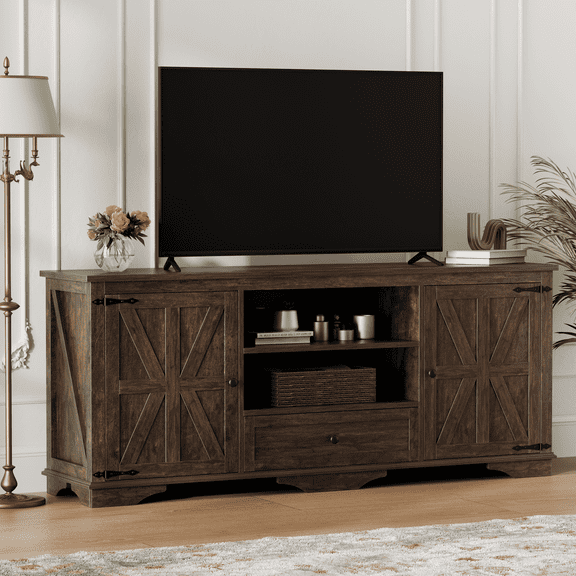 GIKPAL Farmhouse TV Stand for 65 inch TV, Entertainment Center Console Table with Storage Cabinets, Barn Door and Adjustable Shelves for Living Room, Rustic Brown