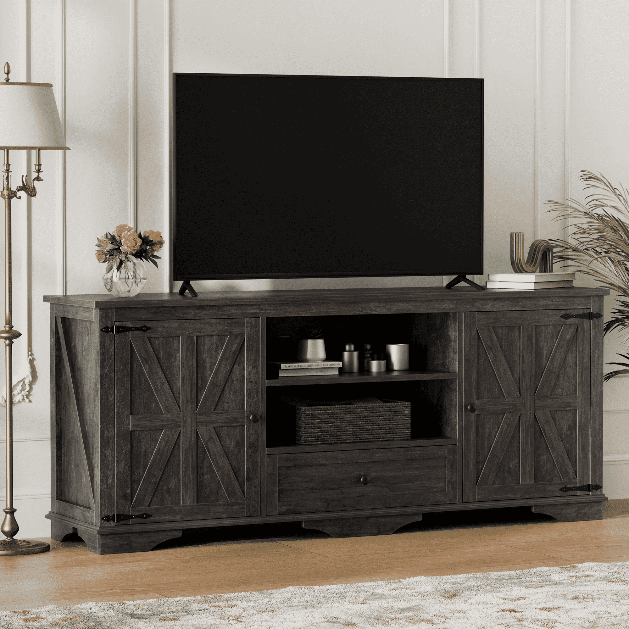 GIKPAL Farmhouse TV Stand for 65 inch TV, Entertainment Center for TVs with Storage Cabinets, Barn Door and Adjustable Shelves for Living Room, Rustic Grey