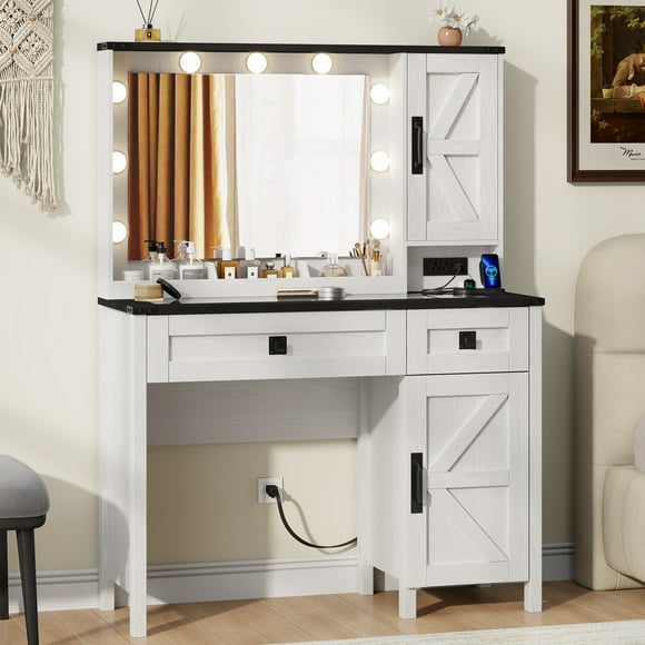 LainTene Farmhouse Makeup Vanity Desk with Mirror and Lights, Modern Glass Tabletop Vanity Table with Storage Shelves & Drawers for Bedroom (White)