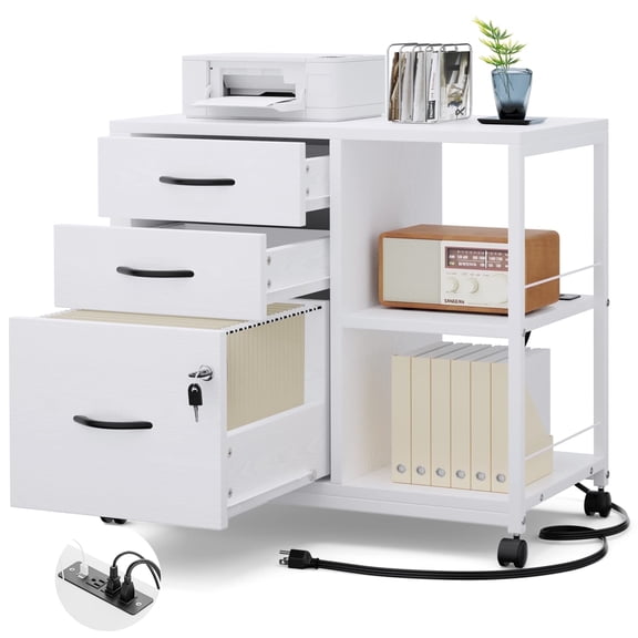 GIKPAL File Cabinet with USB Charging Ports, 3 Drawer Rolling Lateral Filing Cabinet with Socket for Home Office, Wood Printer Stand with Storage, White