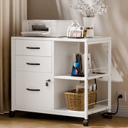 GIKPAL 3 Drawers File Cabinet with Printer Stand and USB Charging Ports, Wood Filing Cabinet with Locking for A4/Letter Size, for Home Office, Brown