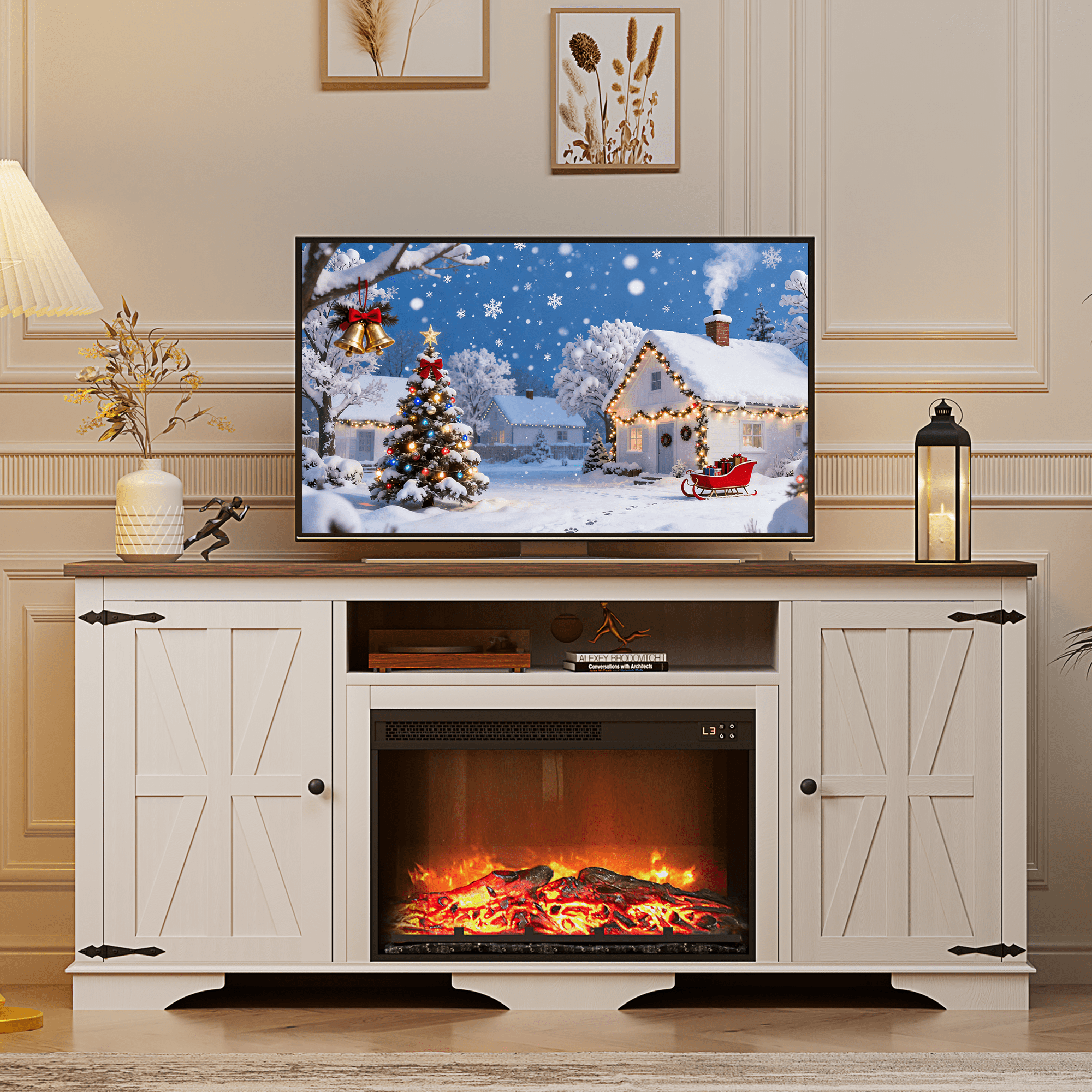 GIKPAL Fireplace TV Stand for TVs up to 65", 1400W Farmhouse TV Stand with Electric Fireplace, Entertainment Center for Living Room with Storage Cabinets/Adjustable Shelves, Rustic Beige