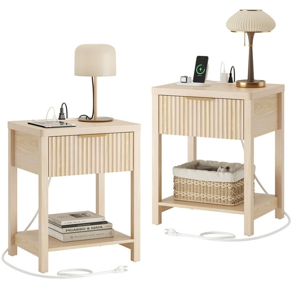 GIKPAL Fluted Nightstands Set of 2, Bedside Tables with Charging Station, Boho Side Tables with Drawer & Open Compartment for Bedroom, Natural