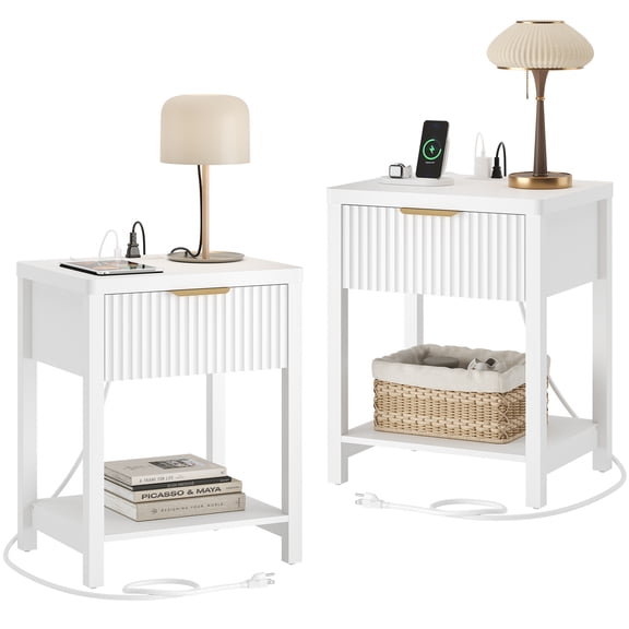 GIKPAL Fluted Nightstands Set of 2, Bedside Tables with Charging Station, Boho Side Tables with Drawer & Open Compartment for Bedroom, White