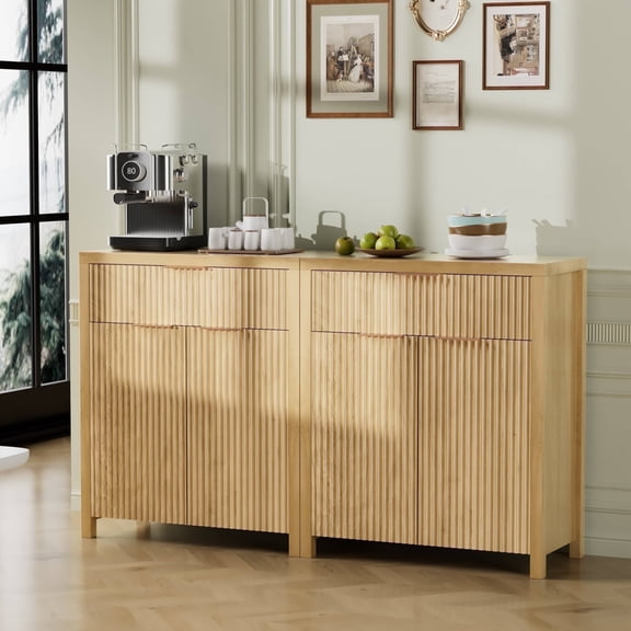GIKPAL Buffet Cabinet with Storage, Fluted Kitchen Sideboard with Adjustable Shelf and Doors, Modern Boho Accent Cabinet with Drawer for Dining Living Room Furniture, Natural Oak Set of 2