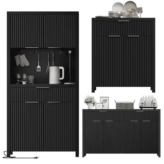 GIKPAL Pantry and Buffet 3-Piece, Include Pantry Cabinet with Outlet, 55" L Sideboard with Drawers, 28"L Buffet Cabinet with Storage, Modern Boho Kitchen Furniture, Black