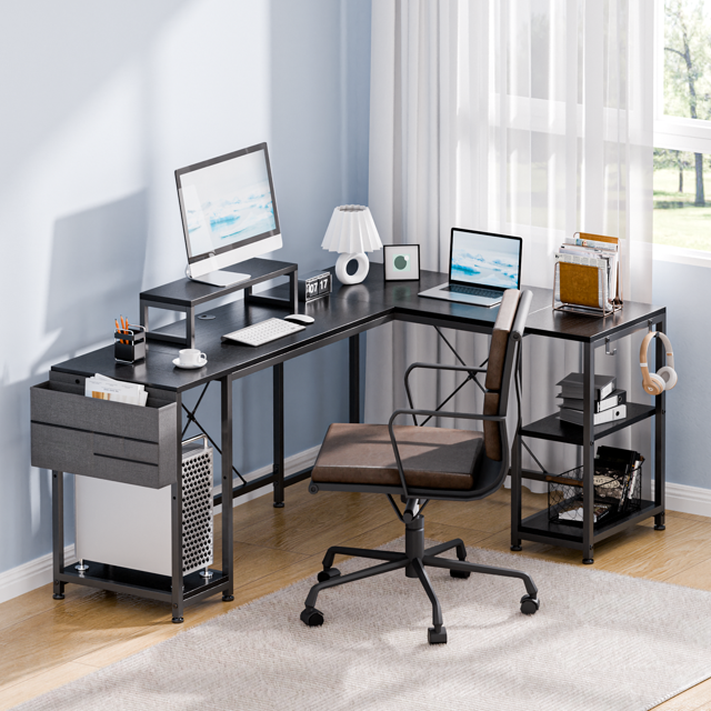 GIKPAL L Shaped Computer Desk, 95" Reversible Corner Computer Desk with
