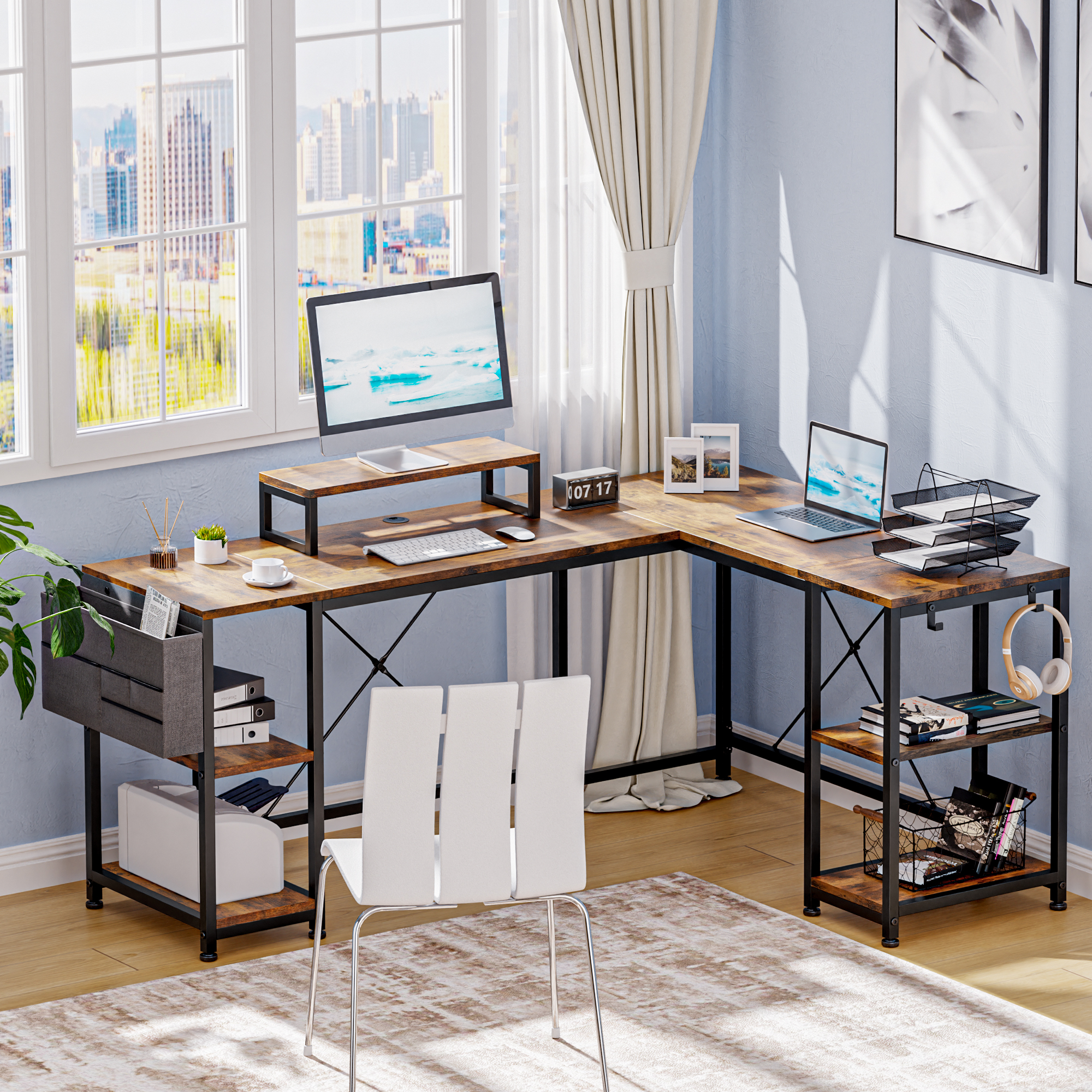 GIKPAL L Shaped Computer Desk, 95" Reversible Corner Computer Desk with