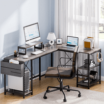GIKPAL L Shaped Computer Desk, 95" Reversible Corner Computer Desk with Monitor Stand and Storage Bag, Gray