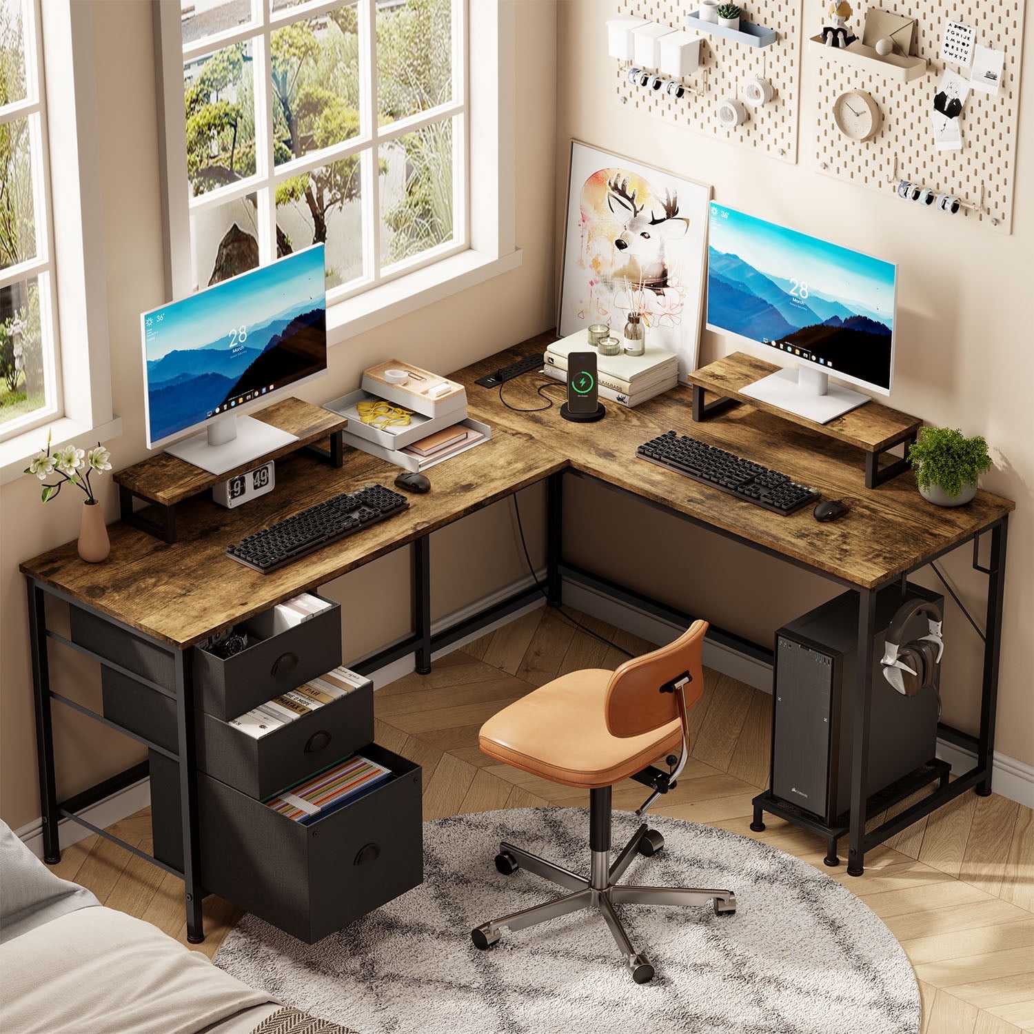 GIKPAL L Shaped Computer Desk  with Drawer, Reversible Gaming Desks Corner Desk with Storage Shelves & Monitor Stand, Home Office Desk Workstation, Brown