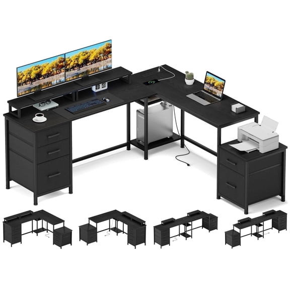 GIKPAL L Shaped Desk  with 5 Drawers, 66'' Computer Desk with Power Outlet, Home Office Desk Coner Gaming Desk,Black
