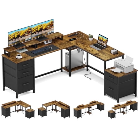 GIKPAL L Shaped Desk with 5 Drawers, 66'' Computer Desk with Power Outlet, Home Office Desk Coner Gaming Desk,Rustic Brown