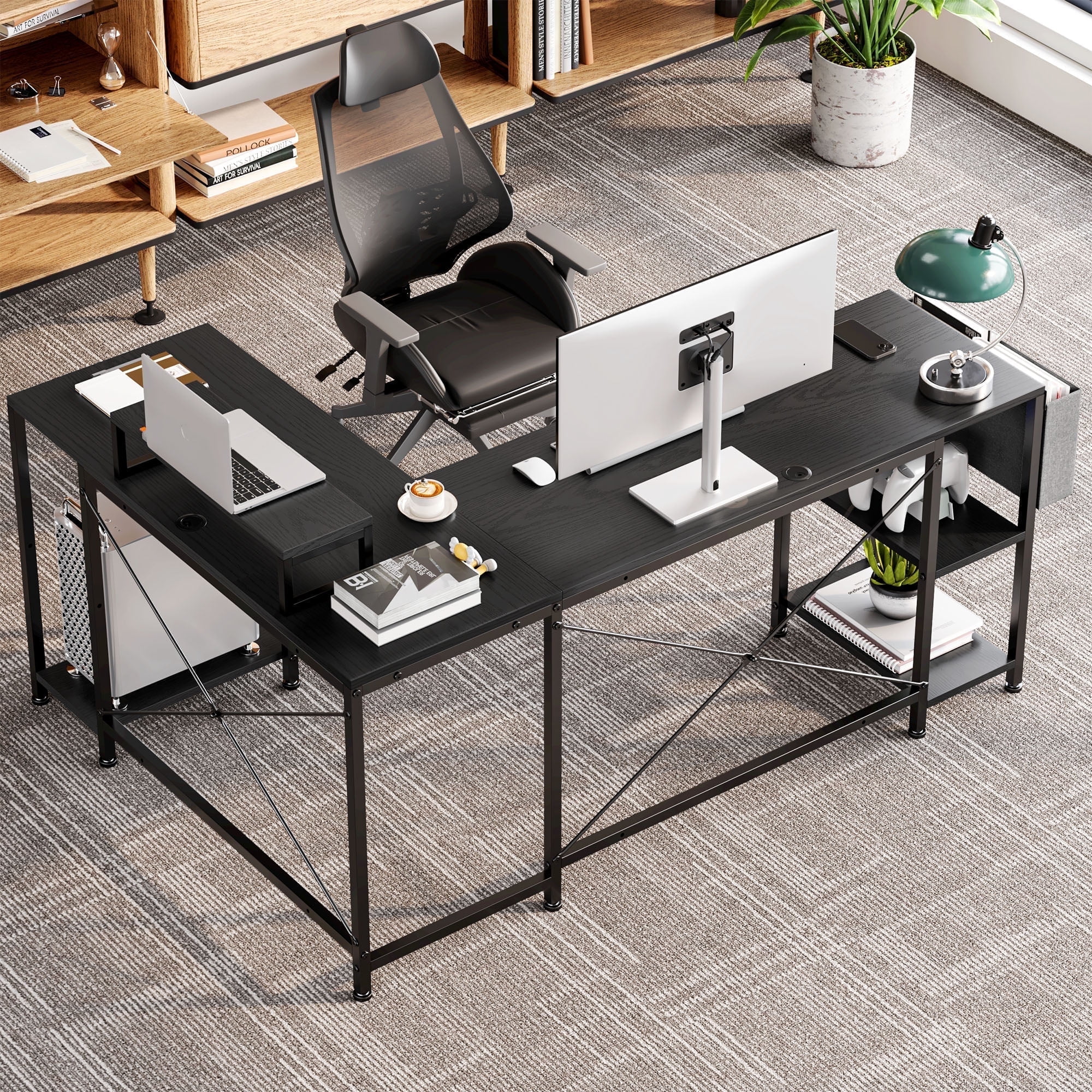 GIKPAL 59 Inch L Shaped Desk, Reversible Computer Desk with Monitor Stand, Office Desk with 3 Shelves and Storage Shelf, Home Office Desk, 80.2in GIKPAL 59 Inch L Shaped Desk, Reversible Computer Desk with Monitor Stand, Office Desk with 3 Shelves and Storage Shelf, Home Office Desk, 80.2in