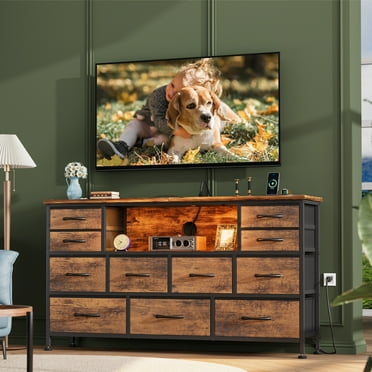 GIKPAL TV Stand Dresser, Chest of Drawers with LED Lights & Power Outlets, Fabric Dressers for Bedroom for 60" Long TV, Brown