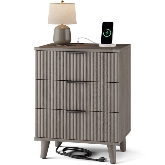GIKPAL Night Stands for Bedroom, Modern Bedside Table with 3 Drawers & Charging Station,Fluted Panel End Tables for Bedroom & Living Room, Dark Grey Oak