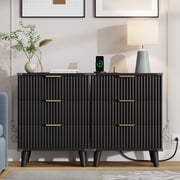 GIKPAL Night Stands for Bedroom Set of 2, Modern Bedside Table with 3 Drawers & Charging Station,Fluted Panel End Tables for Bedroom & Living Room, Black