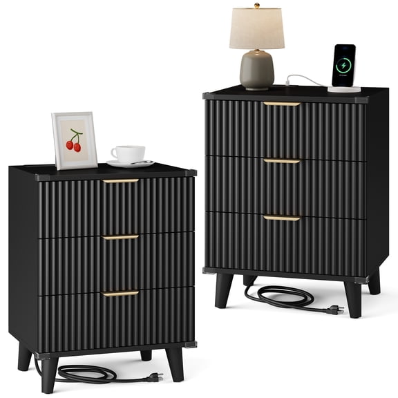 GIKPAL Night Stands for Bedroom Set of 2, Modern Bedside Table with 3 Drawers & Charging Station,Fluted Panel End Tables for Bedroom & Living Room, Black