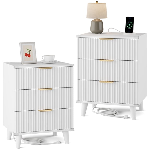 GIKPAL Night Stands for Bedroom Set of 2, Modern Bedside Table with 3 Drawers & Charging Station,Fluted Panel End Tables for Bedroom & Living Room, White
