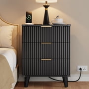 GIKPAL Night Stands for Bedroom, Modern Bedside Table with 3 Drawers & Charging Station,Fluted Panel End Tables for Bedroom & Living Room, Black