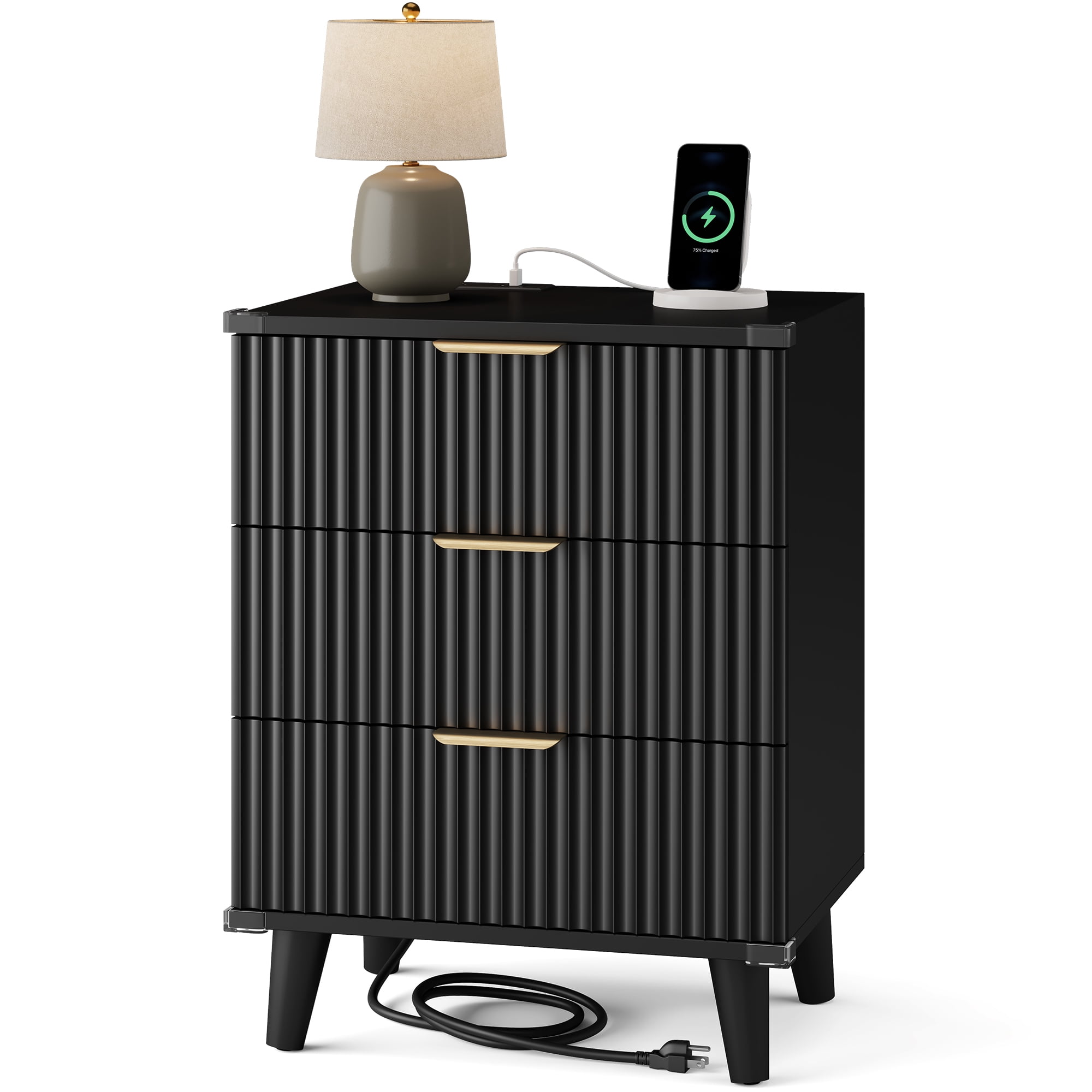 GIKPAL Night Stands for Bedroom, Modern Bedside Table with 3 Drawers & Charging Station,Fluted Panel End Tables for Bedroom  & Living Room, Black