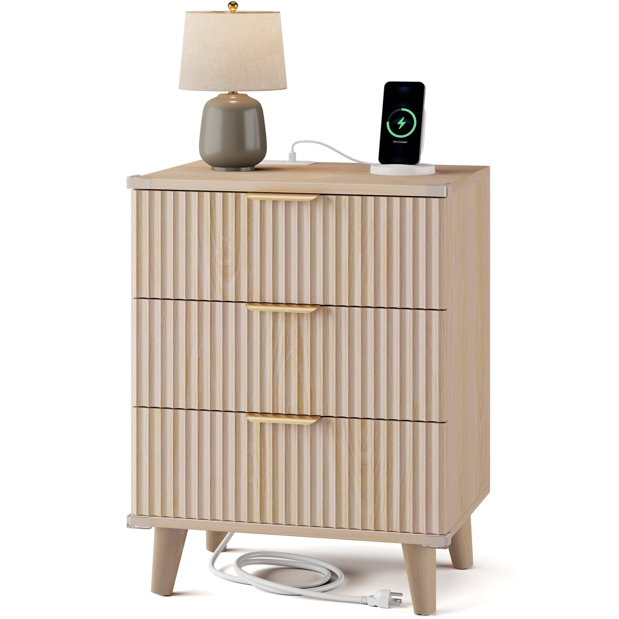 GIKPAL Night Stands for Bedroom, Modern Bedside Table with 3 Drawers & Charging Station,Fluted Panel End Tables for Bedroom & Living Room, Natural