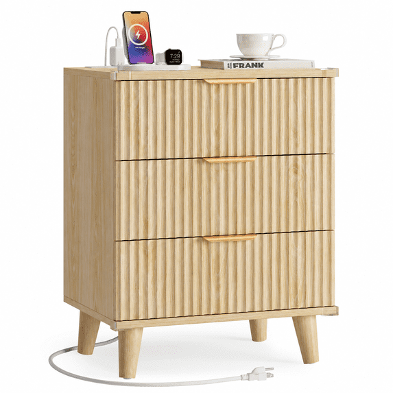 GIKPAL Night Stands for Bedroom, Modern Bedside Table with 3 Drawers & Charging Station,Fluted Panel End Tables for Bedroom & Living Room, Natural
