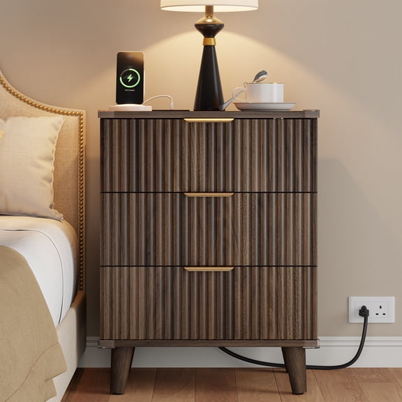 GIKPAL Night Stands for Bedroom, Modern Bedside Table with 3 Drawers & Charging Station,Fluted Panel End Tables for Bedroom & Living Room, Walnut