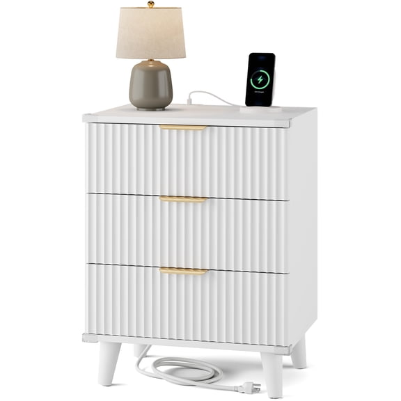 GIKPAL Night Stands for Bedroom, Modern Bedside Table with 3 Drawers & Charging Station,Fluted Panel End Tables for Bedroom & Living Room, White
