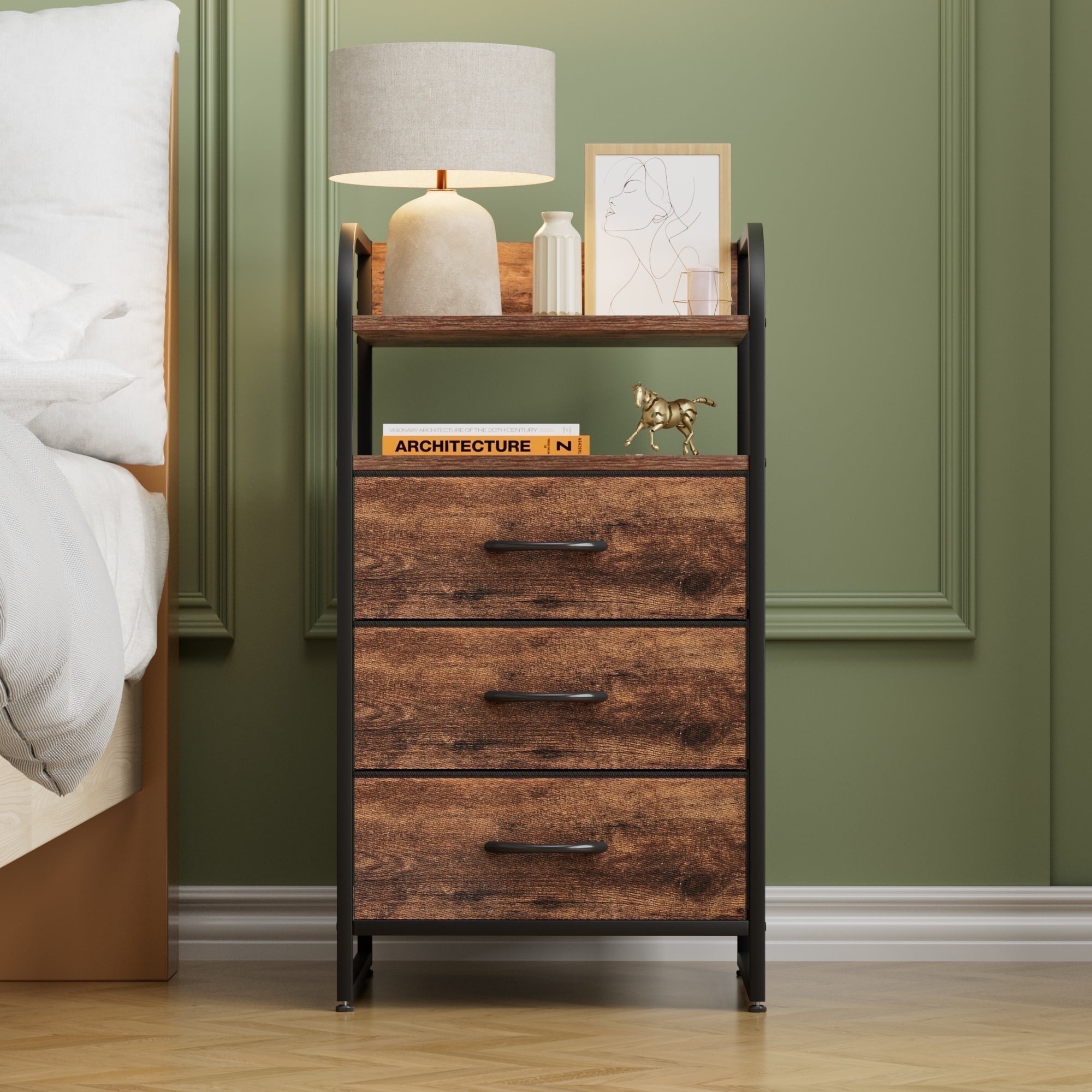 GIKPAL 3 Drawer Nightstand, Fabric Bedside Table Furniture, 2 Open Shelves Side End Tables for Bedroom Living Room, Brown
