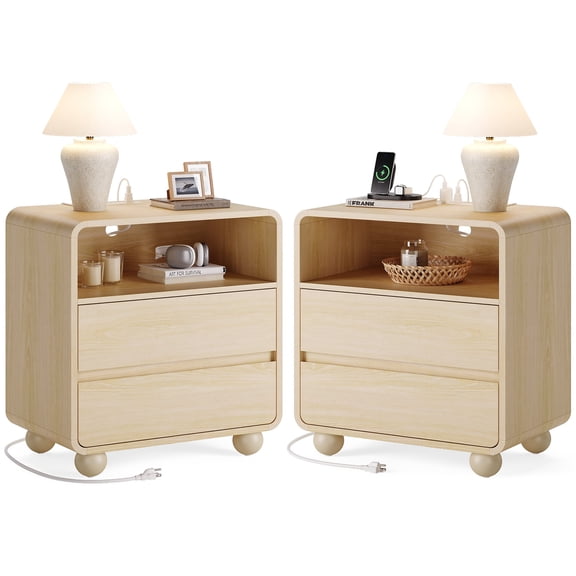 GIKPAL Nightstand Set of 2 with Charging Station, Modern Curved 2-Drawer Bedside Tables, Wood Night Stands for Bedroom or Living Room, Natural
