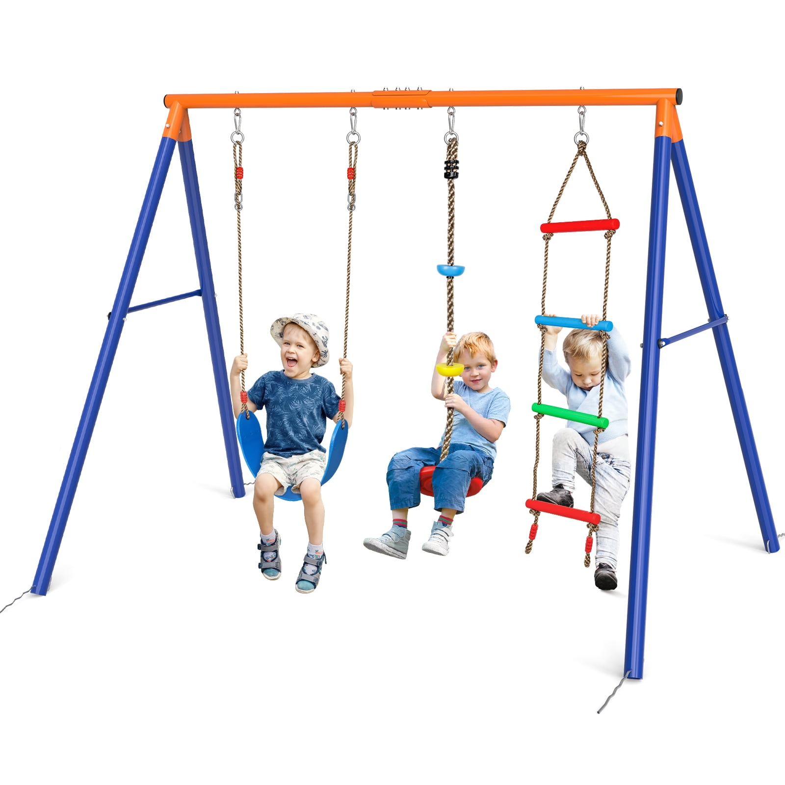 Red and Blue 3-Seat Metal Swing Set with Glider