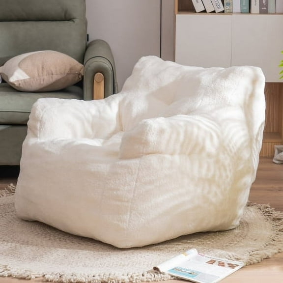 GIKPAL Plush Bean Bag Chair, Soft Teddy Velvet Fabric Lazy Sofa with Memory Foam Filling, Ergonomic Tufted Foam Bean Bag for Living Room, Bedroom, and More, White