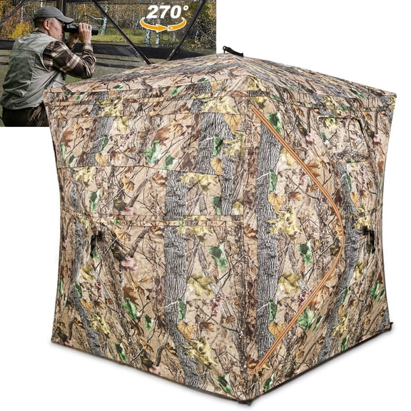 GIKPAL Portable 2-3 Person 270 Degree See Through Hunting Blind Pop-Up Ground Blind with Tie-downs & Carrying Bag for Deer, Duck and Turkey Hunting