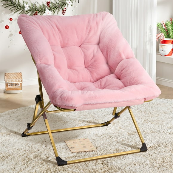 GIKPAL Saucer Chair, Comfy Bedroom Chairs, Oversized Folding Faux Fur Chair for Living Room, Balcony and Study, Flexible Seating Chair for Kids Teens Adults, Pink