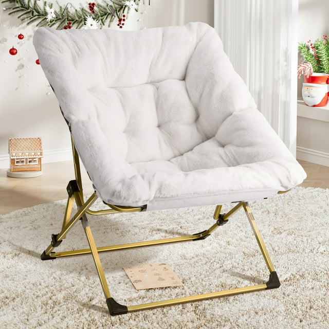 GIKPAL Saucer Chair, Comfy Bedroom Chairs, Oversized Folding Faux Fur Chair for Living Room, Balcony and Study, Flexible Seating Chair for Kids Teens Adults, White