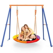 GIKPAL Saucer Swing with Stand, 440lbs Swing Set for 2-3 Kids Outdoor with Heavy-Duty Metal Frame & Adjustable Ropes Round Swing, Rainbow
