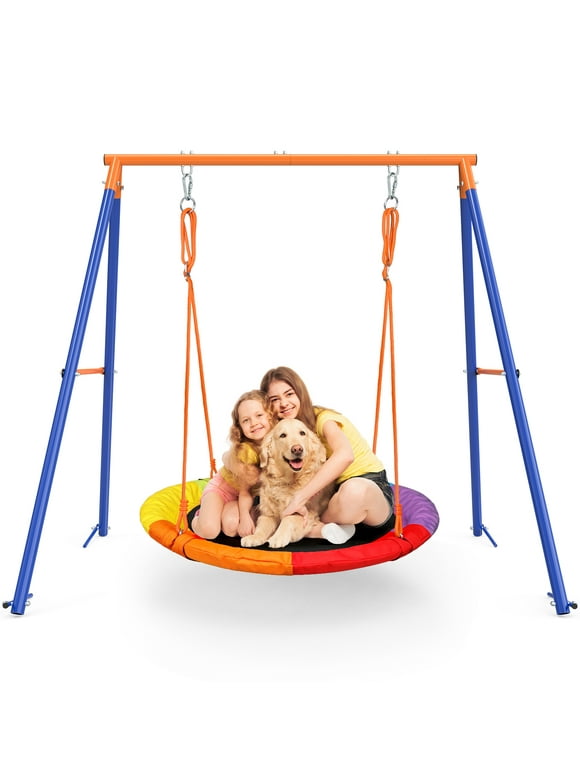 GIKPAL Saucer Swing with Stand, 440lbs Swing Set for 2-3 Kids Outdoor with Heavy-Duty Metal Frame & Adjustable Ropes Round Swing, Rainbow