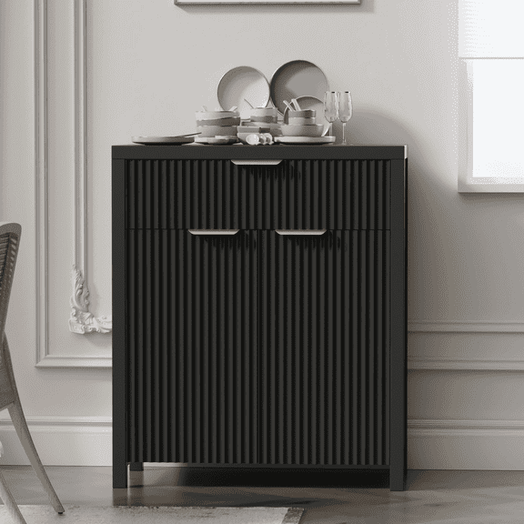 GIKPAL Sideboard Buffet Cabinet, Fluted Kitchen Storage Organizer with Adjustable Shelf and Doors, Black Modern Accent Cabinet with Storage Drawer for Dining Living Room