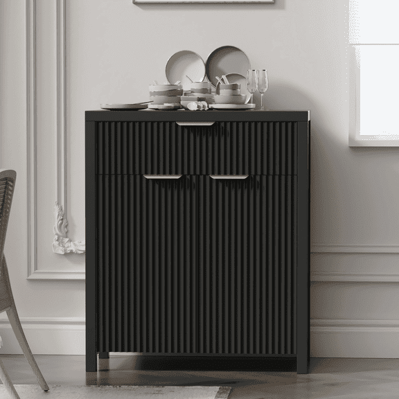 GIKPAL Sideboard Buffet Cabinet, Fluted Kitchen Storage Organizer with Adjustable Shelf and Doors, Black Modern Accent Cabinet with Storage Drawer for Dining Living Room