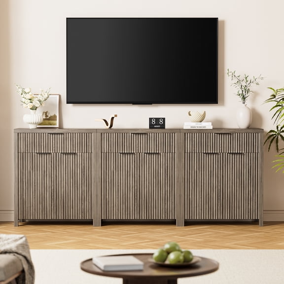 GIKPAL Buffet Sideboard Cabinet with Drawers Set of 3, Modern Fluted Storage Cabinet with Adjustable Shelves, Accent Entryway Cabinet TV Stand for Dining Room, Kitchen, Living Room, Gray Oak