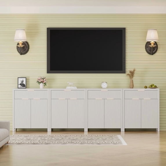 GIKPAL Sideboard Buffet Cabinet, White Storage Cabinet with Adjustable Shelves and Drawer, Fluted TV Stand for TVs, Accent Console Cabinet for Living Room, Natural Oak Set of 4