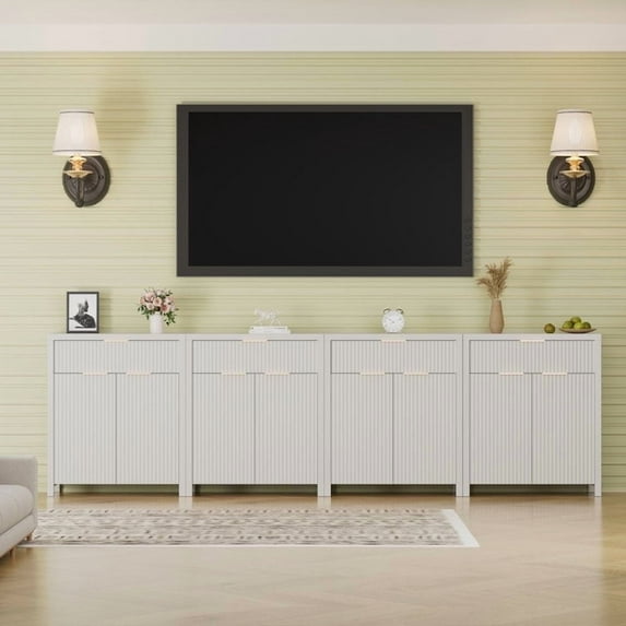 GIKPAL Sideboard Buffet Cabinet, White Storage Cabinet with Adjustable Shelves and Drawer, Fluted TV Stand for TVs, Accent Console Cabinet for Living Room, Natural Oak Set of 4