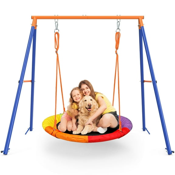 GIKPAL Swing Sets for Outside 440lbs Swing Set for 2-3 Kids Outdoor with Heavy-Duty Metal Frame & Adjustable Ropes Round Swing, Rainbow
