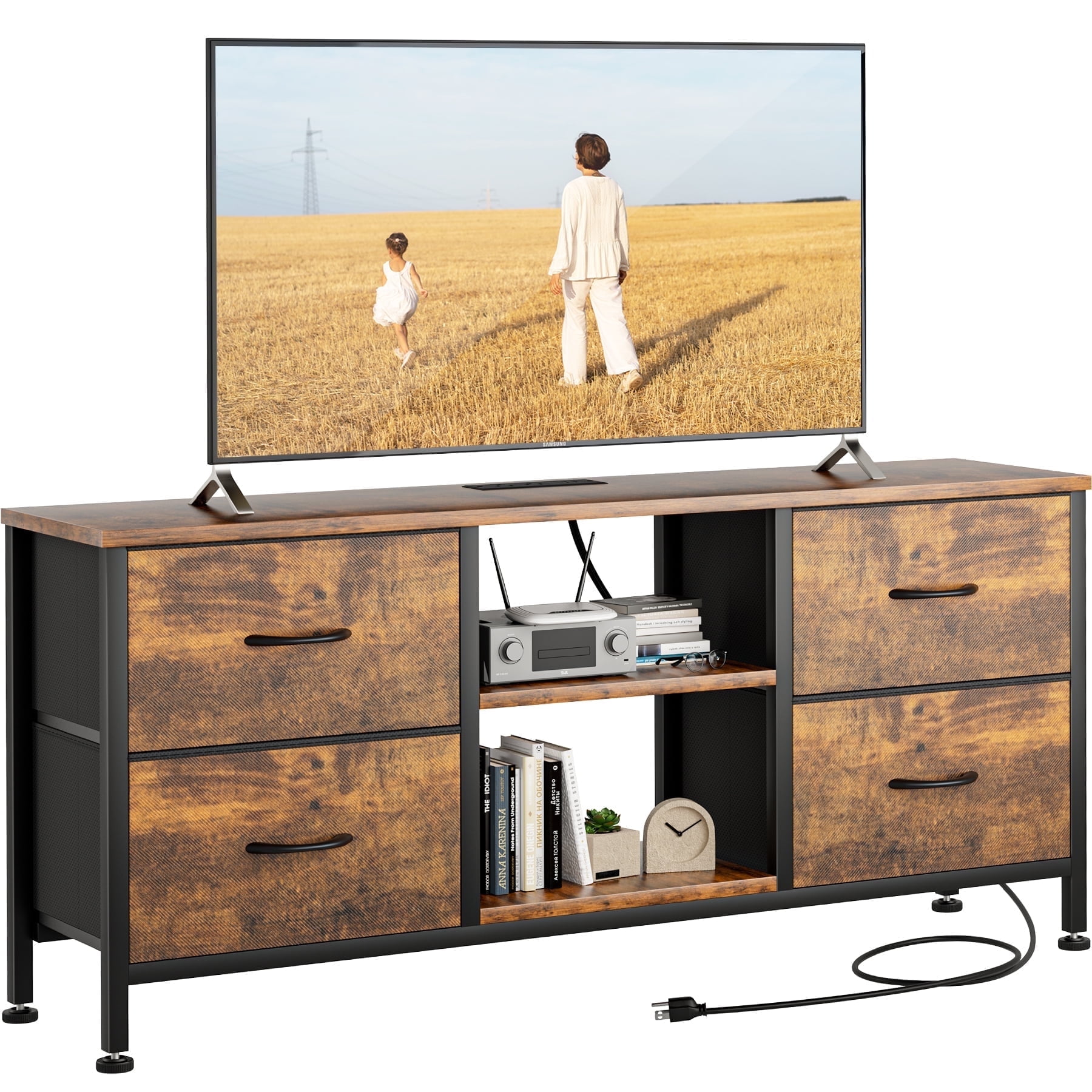 GIKPAL 4 Drawer Dresser TV Stand, Dressers for Bedroom Up to 50" TV Stand Chest of Drawers, Brown